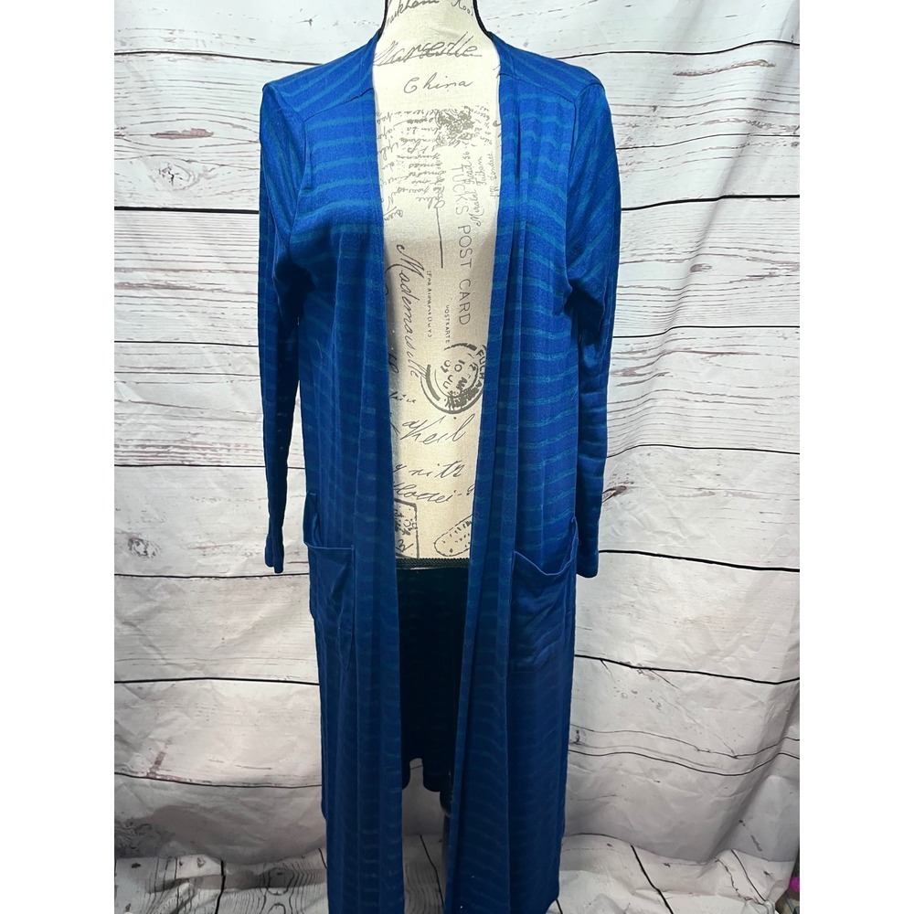 LuLaRoe Sarah Cardigan Blue Teal Striped Longline Duster Sweater Medium Pockets